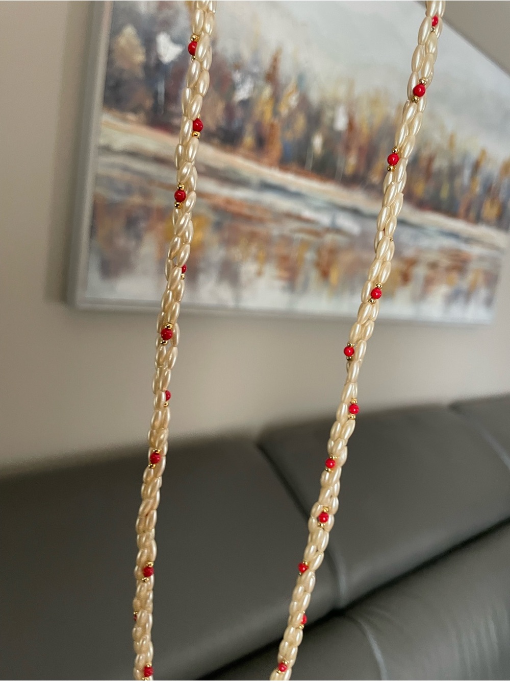 Pearl and Red Bead Twisted Necklace - Women’s Jewelry - Picture 5 of 14